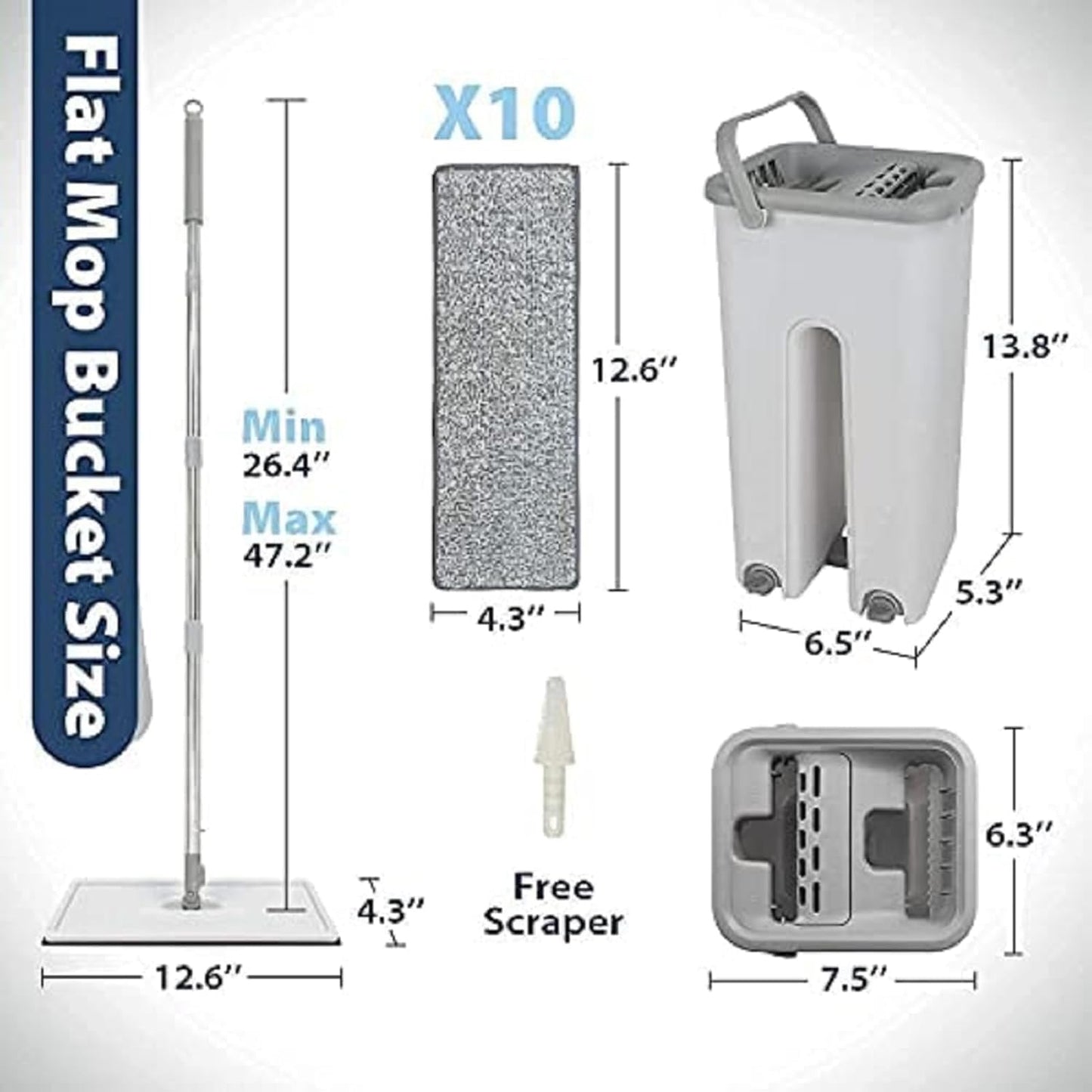 Flat Mop with Bucket, 360° Rotating Head, Includes 2 Reusable Microfibre Pads and Free Scraper, for Home Floor Cleaning