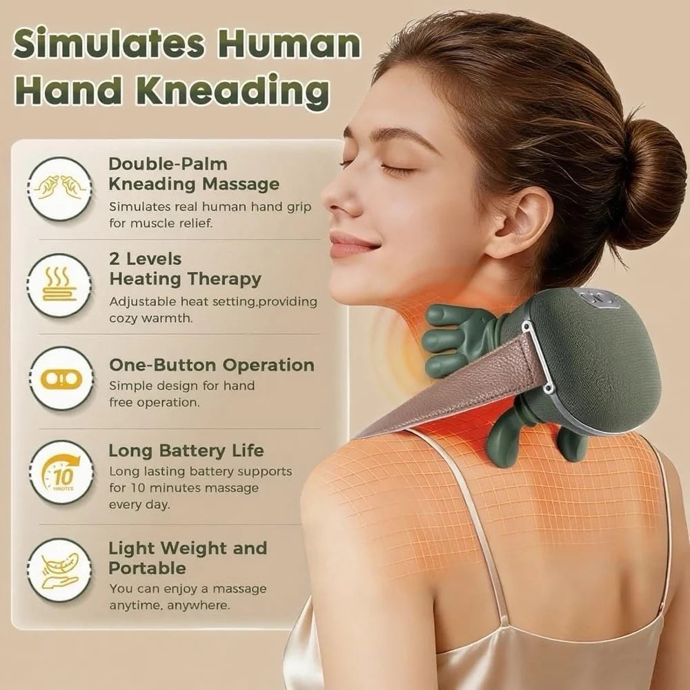 Bionic Heated Massager, Wireless Portable Shiatsu Neck and Back Massager, Electric Deep Tissue 4D Kneading Massage, Simulated Human Hand Design for Pain Relief and Muscle Relax