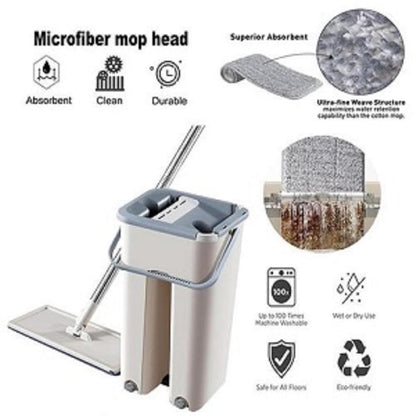 Flat Mop with Bucket, 360° Rotating Head, Includes 2 Reusable Microfibre Pads and Free Scraper, for Home Floor Cleaning