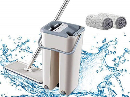 Flat Mop with Bucket, 360° Rotating Head, Includes 2 Reusable Microfibre Pads and Free Scraper, for Home Floor Cleaning