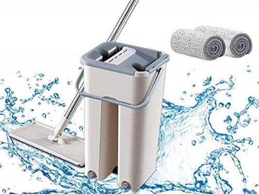 Flat Mop with Bucket, 360° Rotating Head, Includes 2 Reusable Microfibre Pads and Free Scraper, for Home Floor Cleaning