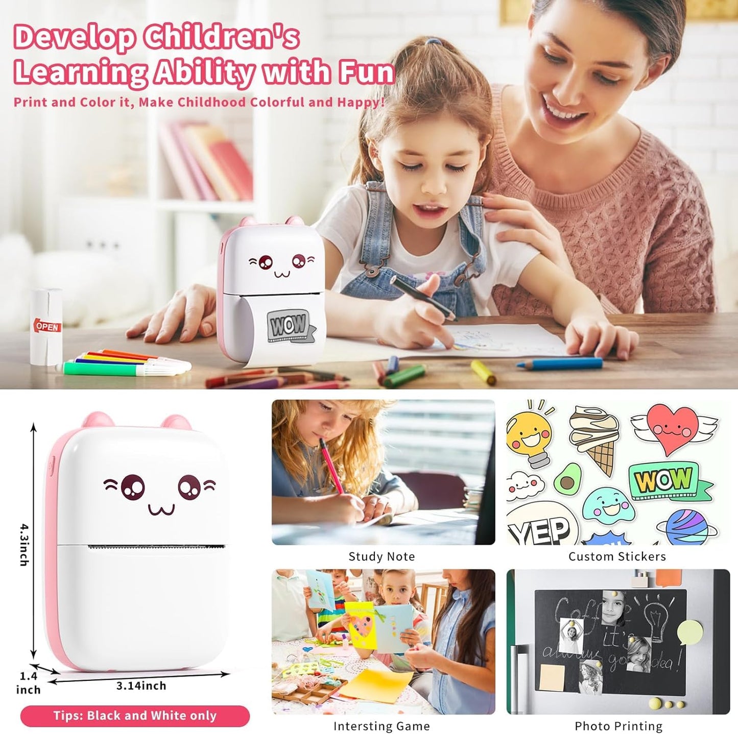 Toy Imagine Mini Portable Thermal Printer – Bluetooth Pocket Printer for Kids & Adults, 57mm Inkless Photo & Label Printer with (1 Roll + 1 Extra Roll) Prints B&W Notes & Stickers (Assorted)