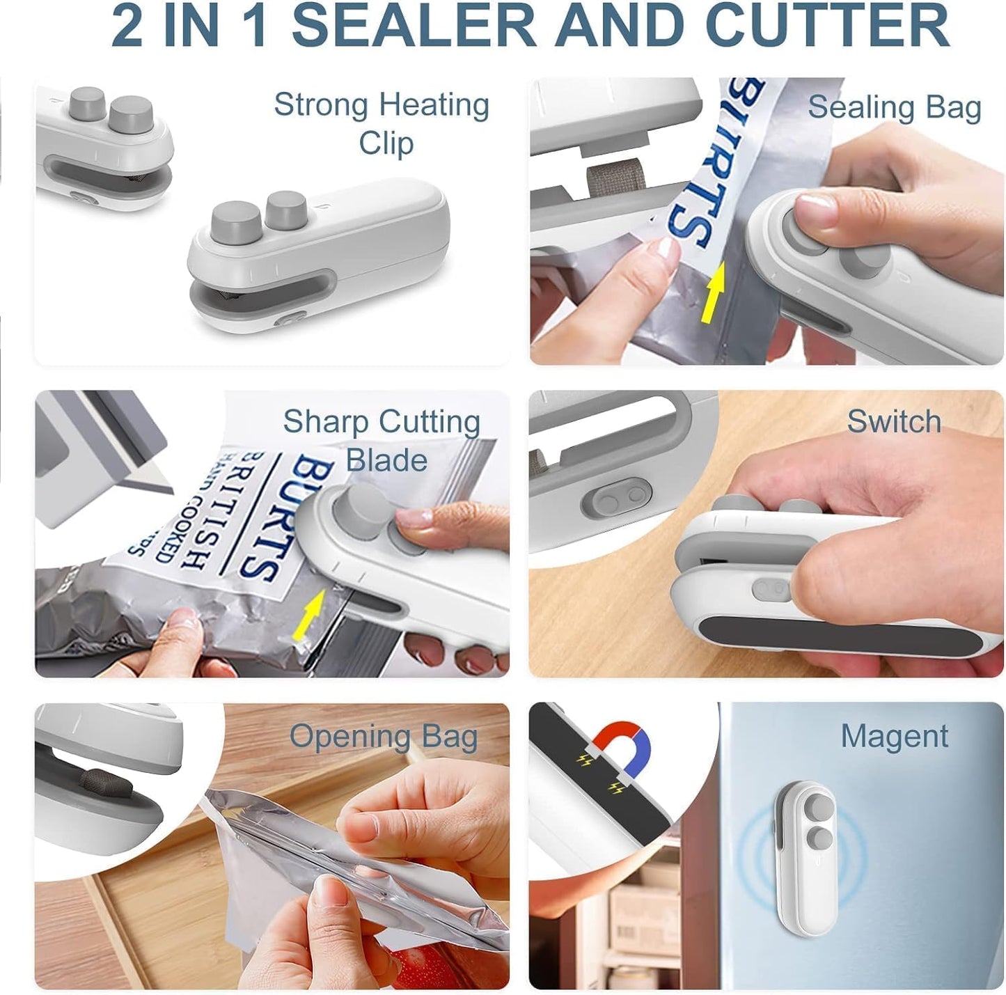 Portable Mini Sealing Machine 2 in 1 USB Rechargeable Magnetic Bag Sealer Heat Seal with Cutter, Plastic Bags Packing Machine Home Appliances-white colours