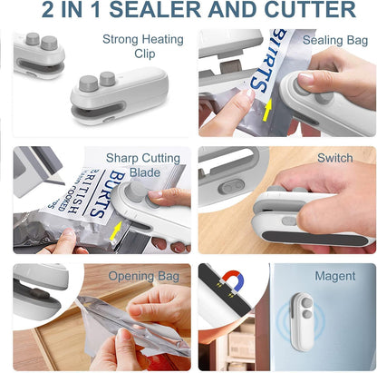 Portable Mini Sealing Machine 2 in 1 USB Rechargeable Magnetic Bag Sealer Heat Seal with Cutter, Plastic Bags Packing Machine Home Appliances-white colours