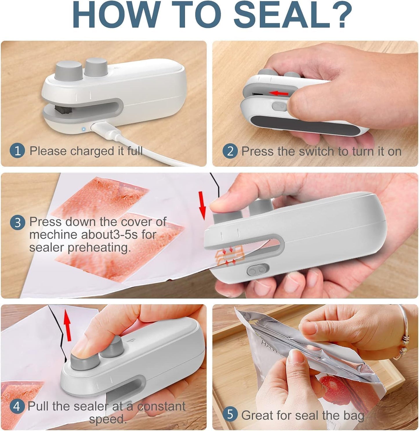 Portable Mini Sealing Machine 2 in 1 USB Rechargeable Magnetic Bag Sealer Heat Seal with Cutter, Plastic Bags Packing Machine Home Appliances-white colours
