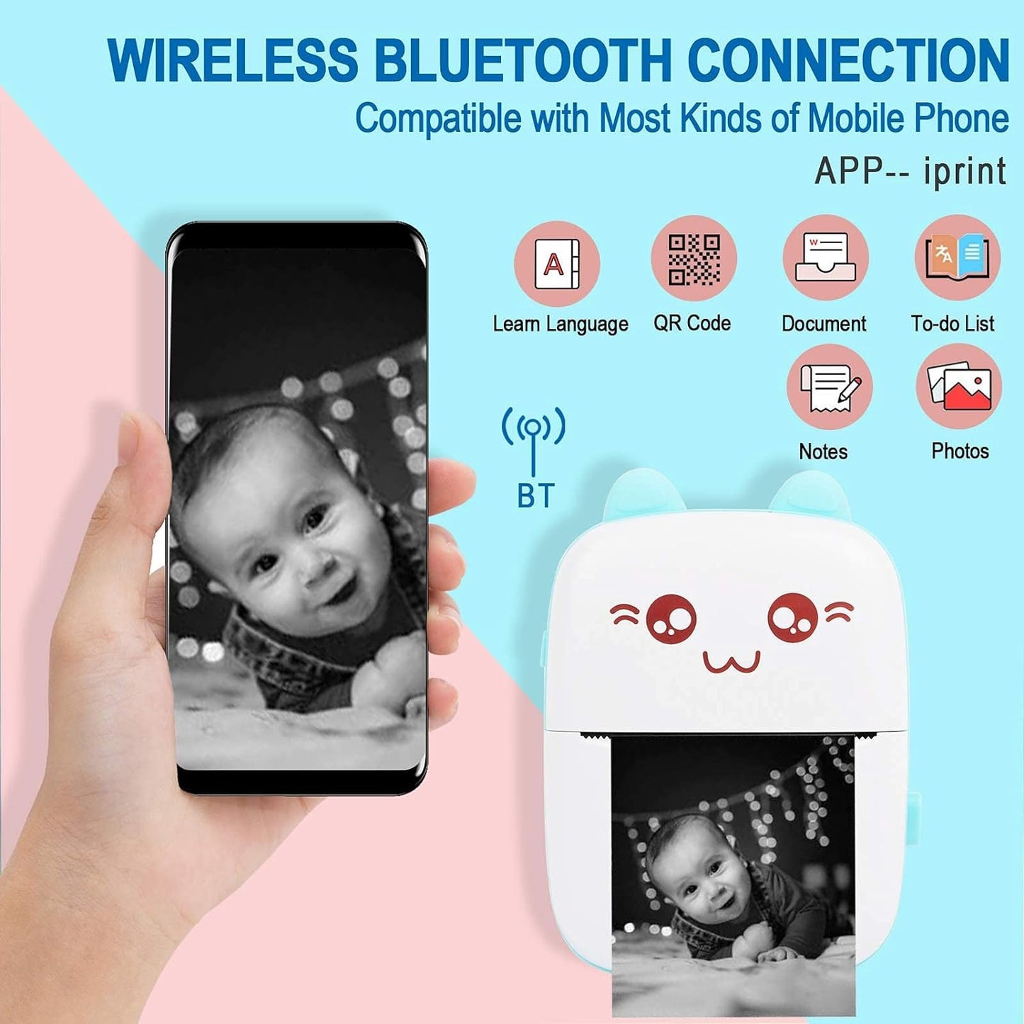 Toy Imagine Mini Portable Thermal Printer – Bluetooth Pocket Printer for Kids & Adults, 57mm Inkless Photo & Label Printer with (1 Roll + 1 Extra Roll) Prints B&W Notes & Stickers (Assorted)