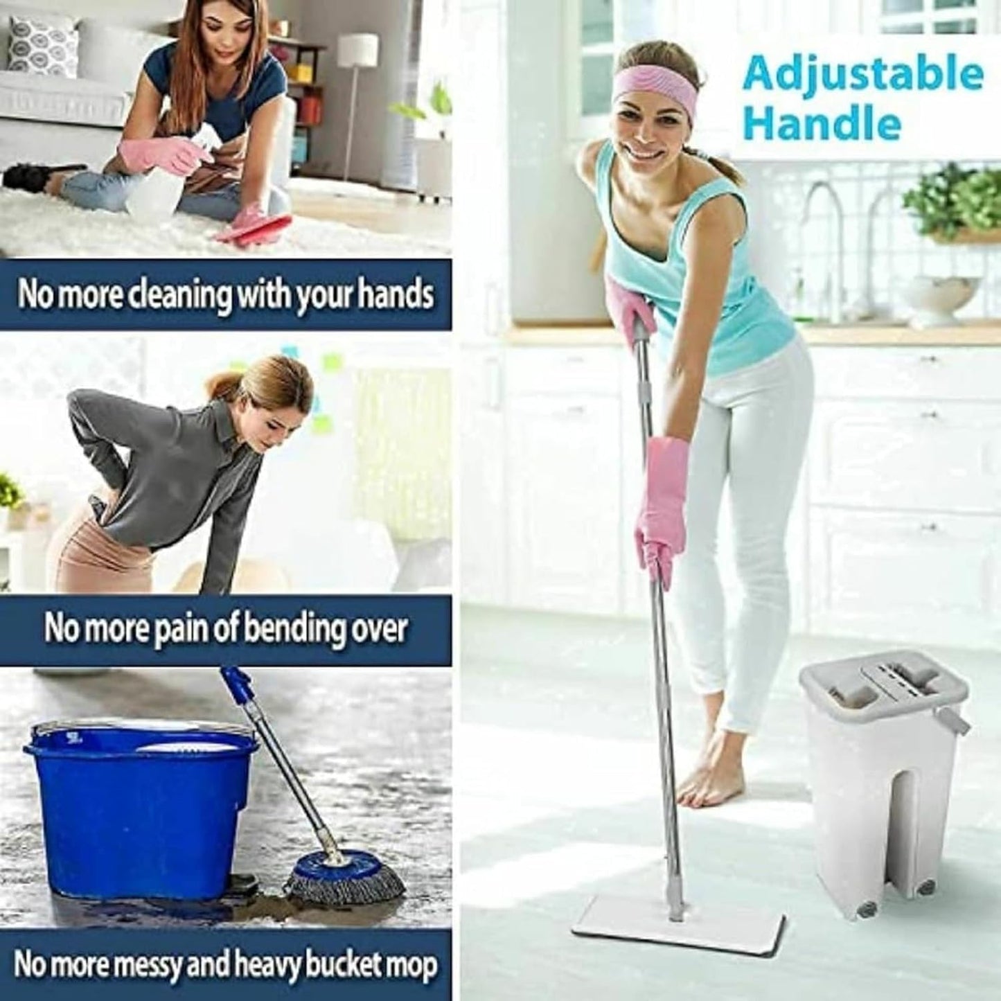 Flat Mop with Bucket, 360° Rotating Head, Includes 2 Reusable Microfibre Pads and Free Scraper, for Home Floor Cleaning