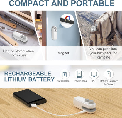 Portable Mini Sealing Machine 2 in 1 USB Rechargeable Magnetic Bag Sealer Heat Seal with Cutter, Plastic Bags Packing Machine Home Appliances-white colours