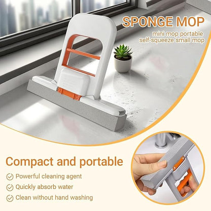 Mini Mop for Kitchen, Floor, Glass, Car & More | Portable Cleaning Sponge Mop Handheld Self-Squeeze Sponge Cleaning Tool Wet and Dry Use Cleaning System for Small Spaces